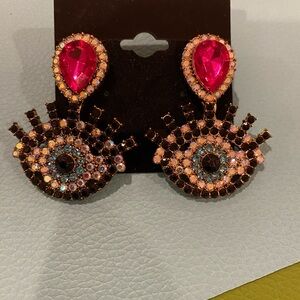 Elegant Eye Drop Earrings with Pink and Black Crystals